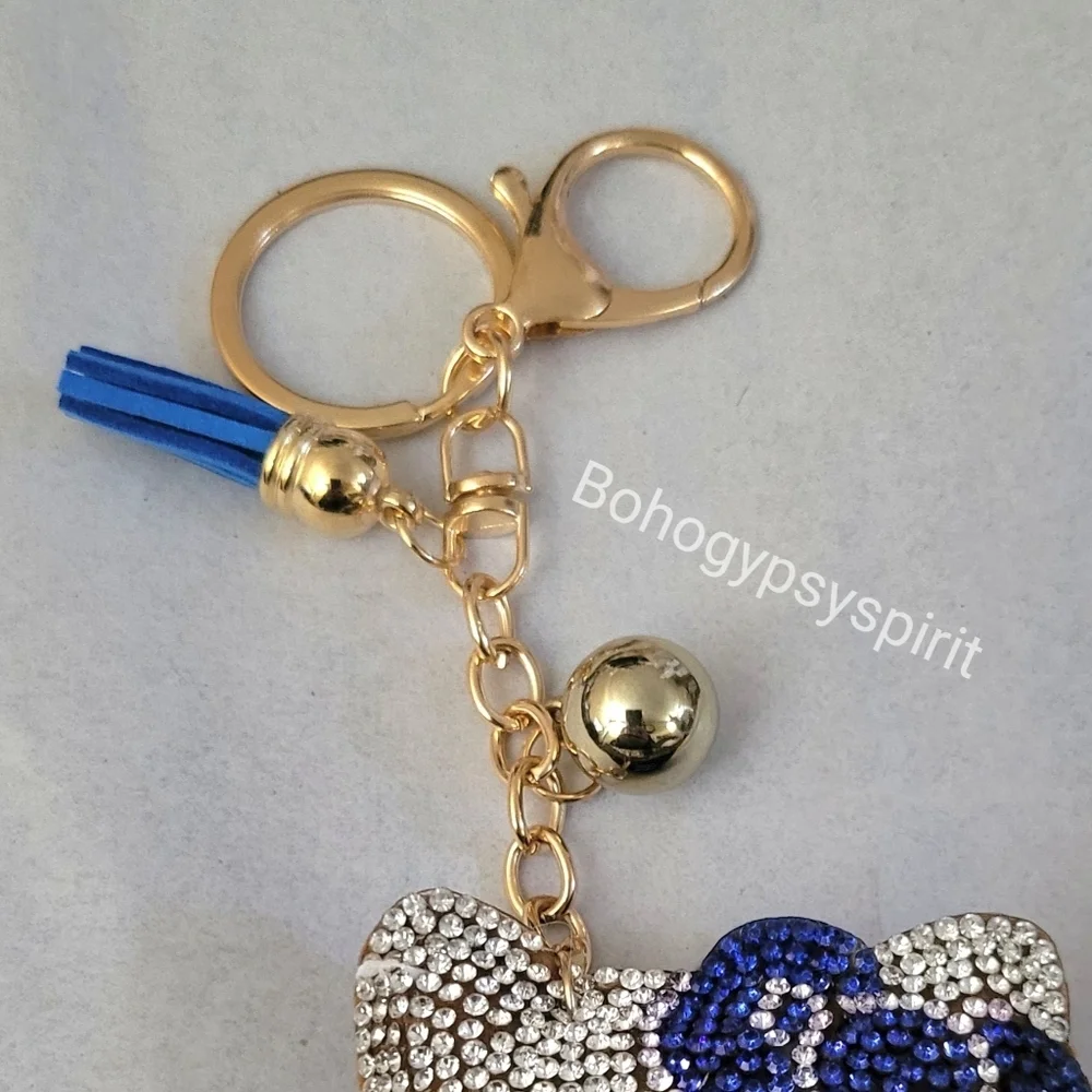 Hello Kitty Blue Bow Crystal Rhinestone Keychain Bag Charm With Tassel